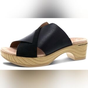 Dansko Black Leather Clog Mules with Wood-Effect Heel